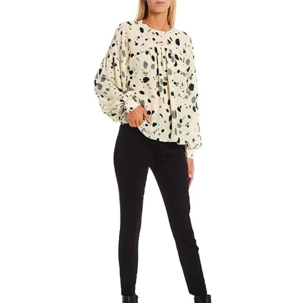 Ted Baker London Dannica Printed Long Cuffed Puff Sleeve Crew Neck Top US 6